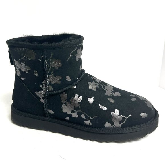 UGG Women's Classic Mini Floral Foil Boot Black, Size 8 M - Picture 1 of 6